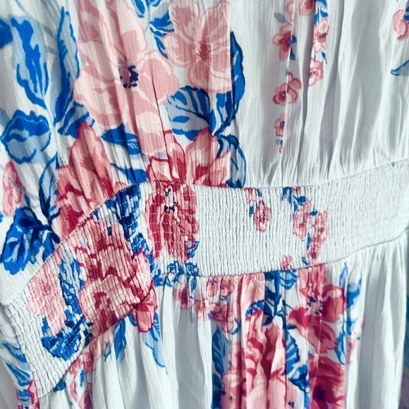 Oddy Midi Dress Baby Blue W Blue & Pink Florals Button Down Short Sleeve Size 2X - Picture 5 of 5